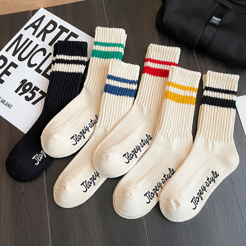 Custom thick ribs stripe socks quality organic cotton bamboo polyester print logo comfortable men women slouch sport socks