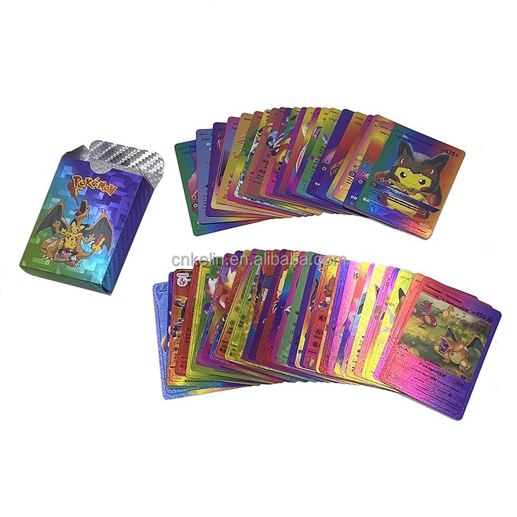 55 Sheets Anime Poke-mon Pikachu Game Booster Box Tcg Flash Card Plastic Full Color Gold Foil Plated Cards