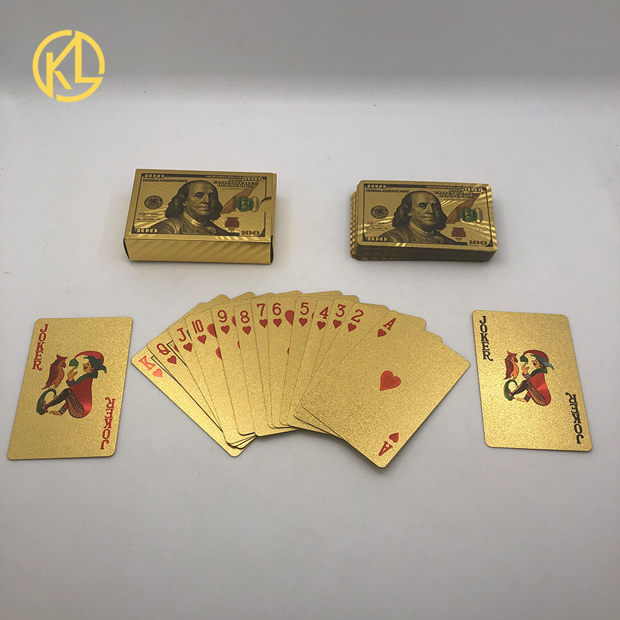 Cool Waterproof USD100 Dollar Design 24k Gold Poker Playing Cards for Gambling Game Money Enjoyment or wedding gifts