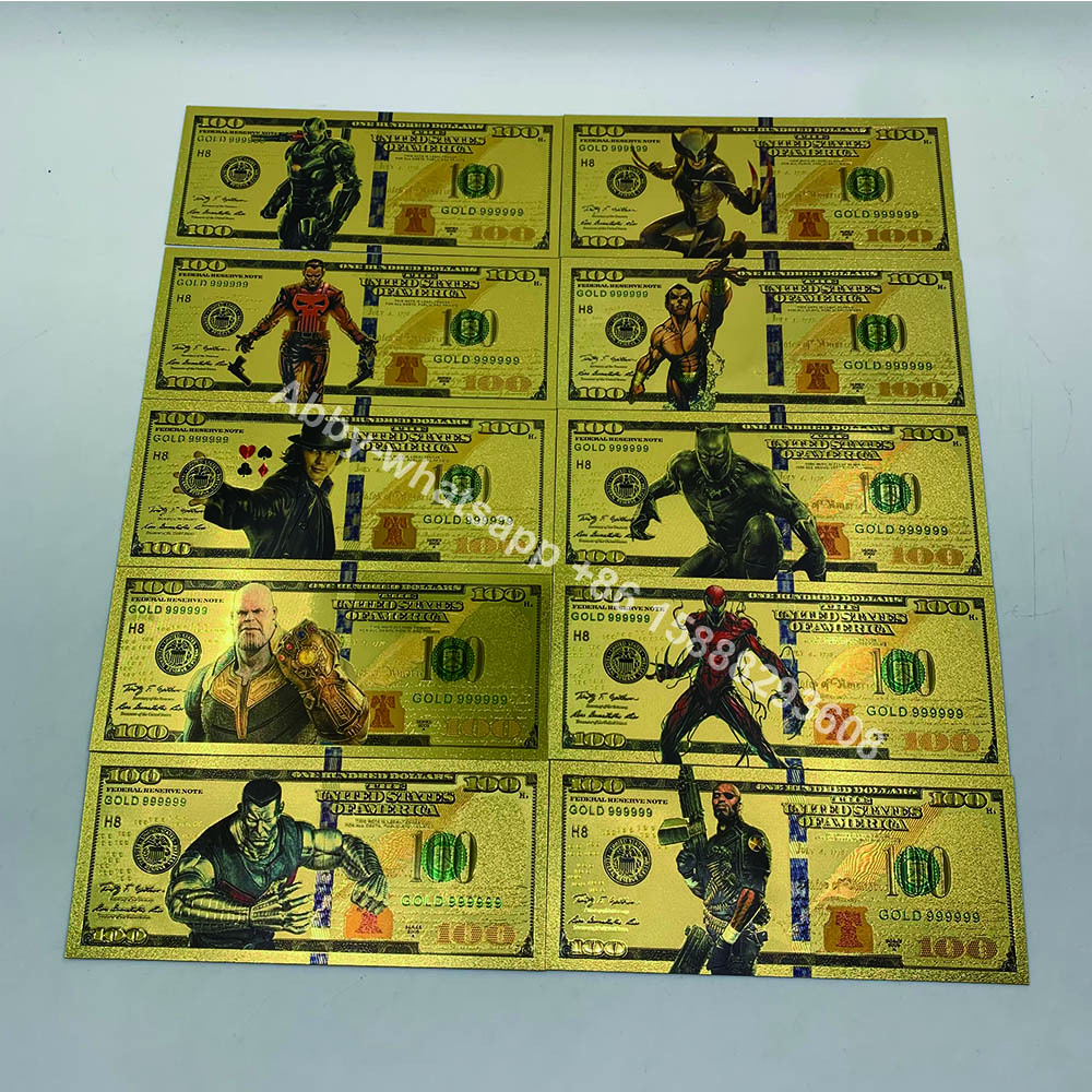 50 models Marvel Classic character Cartoon Money Collectible Gift for Souvenir banknote 100 Dollar Bill Gold Foil anime card