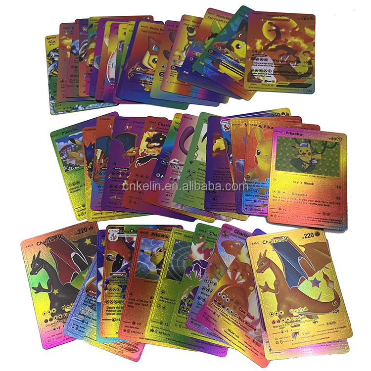 55 Sheets Anime Poke-mon Pikachu Game Booster Box Tcg Flash Card Plastic Full Color Gold Foil Plated Cards