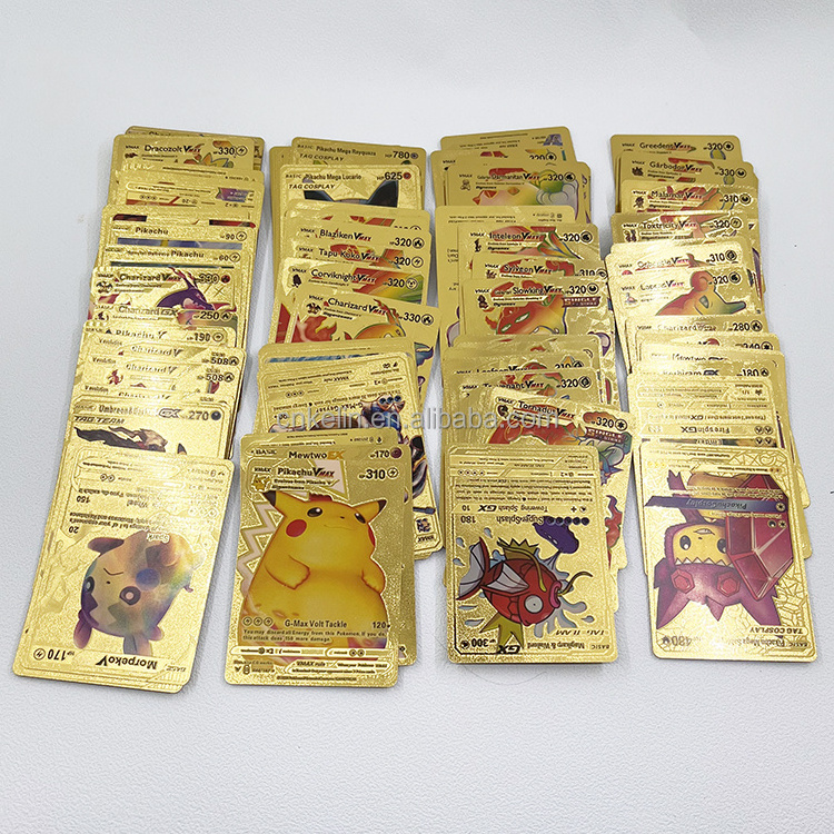 110 Pcs Anime Pokeman Pikachu Booster Box Tcg Playing Card Plastic 24K Gold Foil Plated Cards