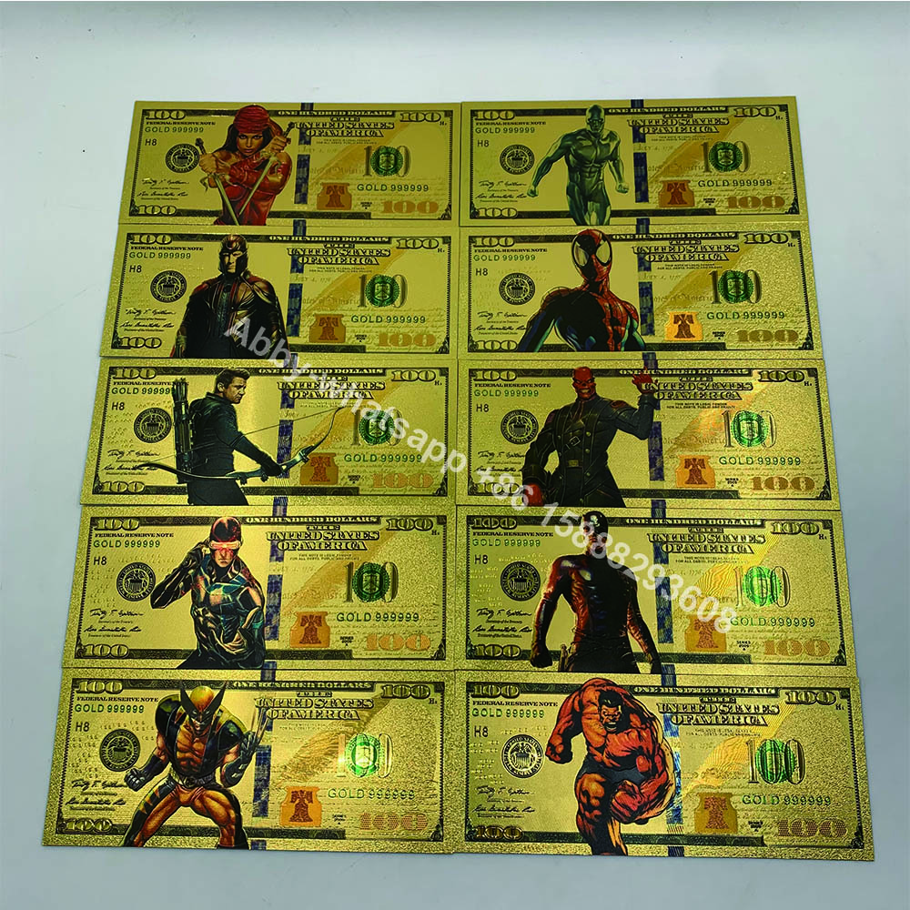 50 models Marvel Classic character Cartoon Money Collectible Gift for Souvenir banknote 100 Dollar Bill Gold Foil anime card