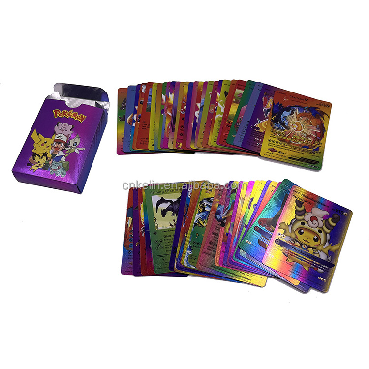 55 Sheets Anime Poke-mon Pikachu Game Booster Box Tcg Flash Card Plastic Full Color Gold Foil Plated Cards