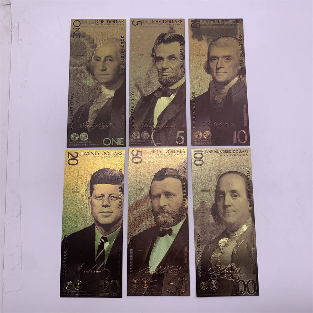 6pcs/lot Gold Banknote USA 1 5 10 20 50 100 Dollars Bill Usd Gold Foil Banknotes Collection EX-Presidents Cards For Dedor