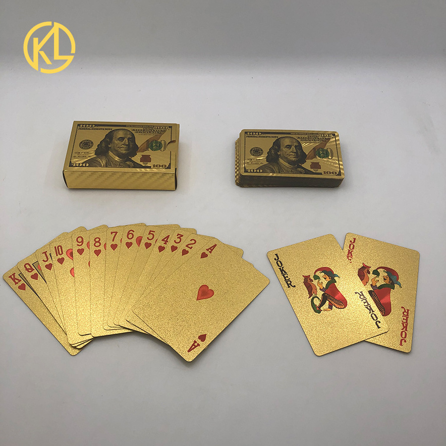 Cool Waterproof USD100 Dollar Design 24k Gold Poker Playing Cards for Gambling Game Money Enjoyment or wedding gifts