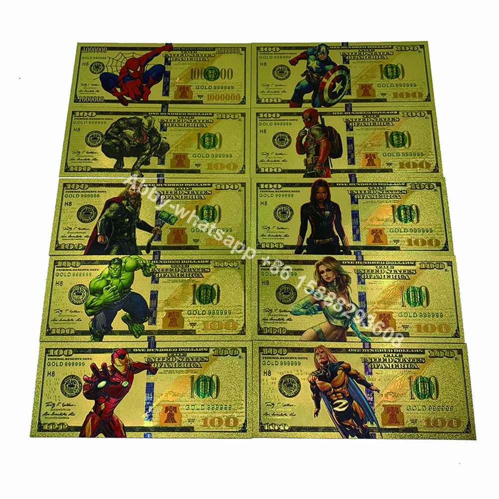 50 models Marvel Classic character Cartoon Money Collectible Gift for Souvenir banknote 100 Dollar Bill Gold Foil anime card