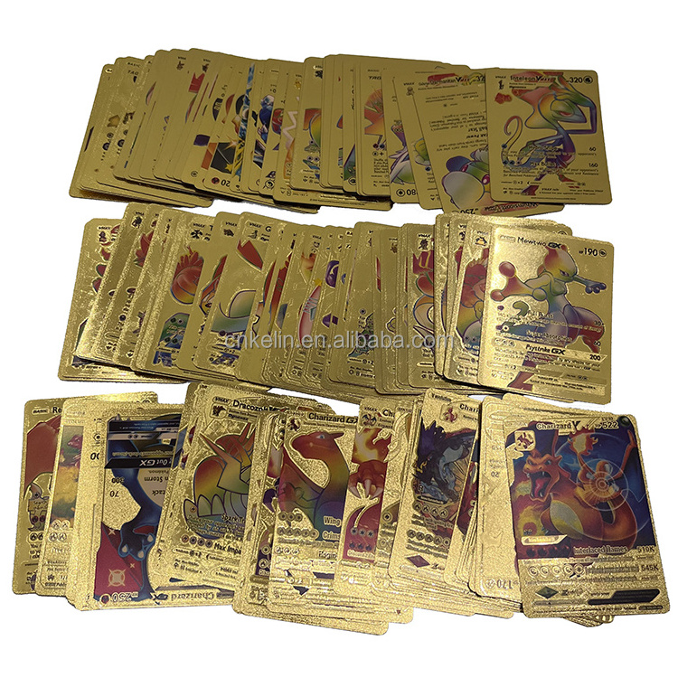 110 Pcs Anime Pokeman Pikachu Booster Box Tcg Playing Card Plastic 24K Gold Foil Plated Cards