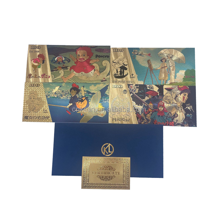 Waterproof 4 types unique anime cartoon bill 100 plastic card 24k gold plated foil banknote with custom design