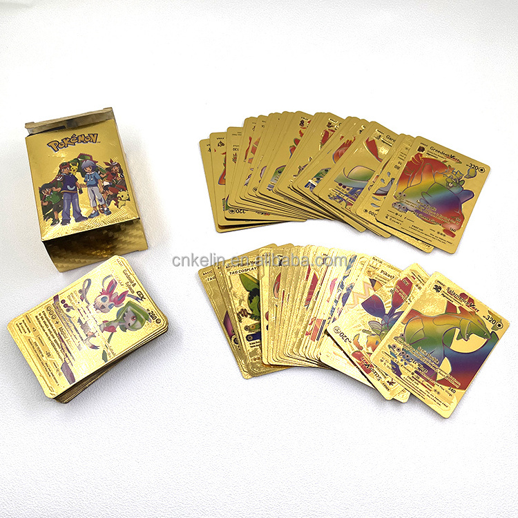 110 Pcs Anime Pokeman Pikachu Booster Box Tcg Playing Card Plastic 24K Gold Foil Plated Cards