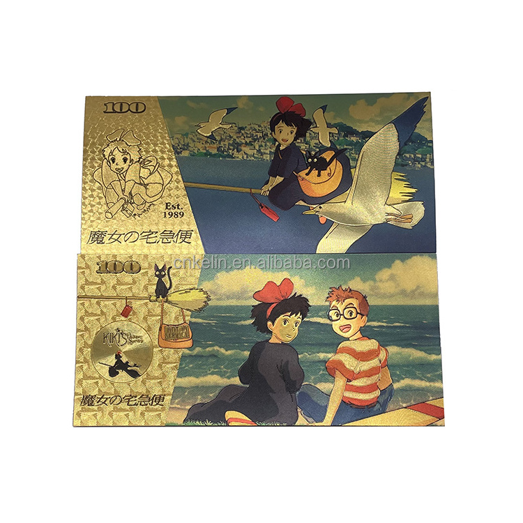 Waterproof 4 types unique anime cartoon bill 100 plastic card 24k gold plated foil banknote with custom design