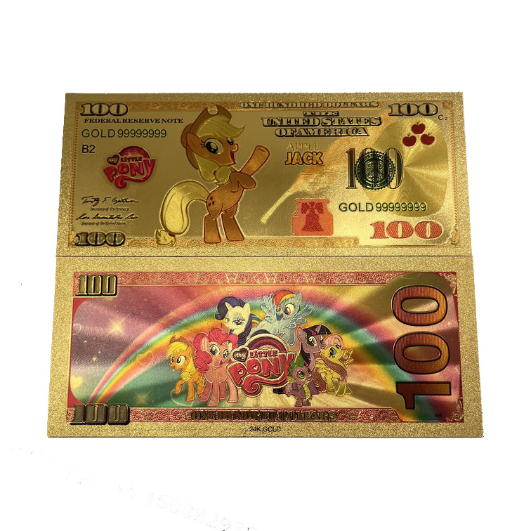 Free Shipping Pony Cartoon Anime 100 Dollars Bank Note Plastic 24k Gold Foil Plated Banknote for Gift