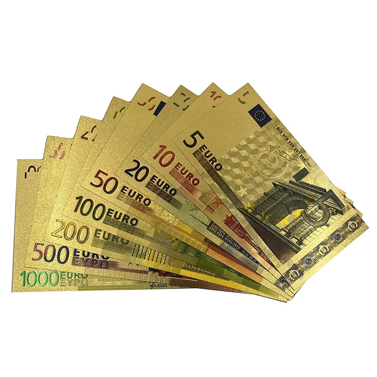 Free shipping money 5 10 20 50 100 200 500 1000 euro plastic bill gold foil plated banknote