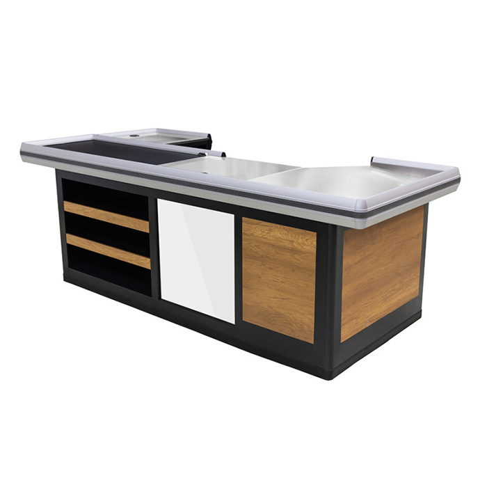 Retail shop metal cashier desk convenience store checkout counter with display rack