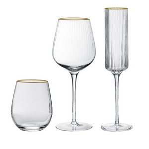 Nordic Retro Striped Elegant Lead Free Clear Goblet Stemmed Wine Glass Cup With Gold Rim for Restaurant