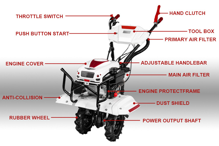 Mini power tiller Micro tillage tiller barra del timone della machine plow cultivator small scale agricultural farm power tiller