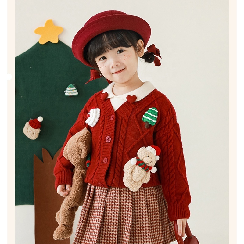 Hot Selling Kids Girls Christmas Knitwear Cardigans 3D Decoration V-neck Knitted Toddler Girls Sweaters Cardigans