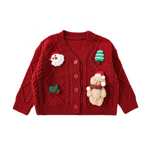 Hot Selling Kids Girls Christmas Knitwear Cardigans 3D Decoration V-neck Knitted Toddler Girls Sweaters Cardigans