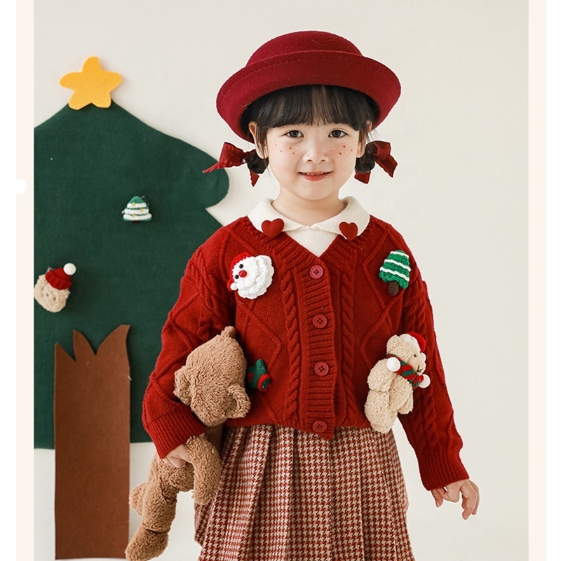 Hot Selling Kids Girls Christmas Knitwear Cardigans 3D Decoration V-neck Knitted Toddler Girls Sweaters Cardigans