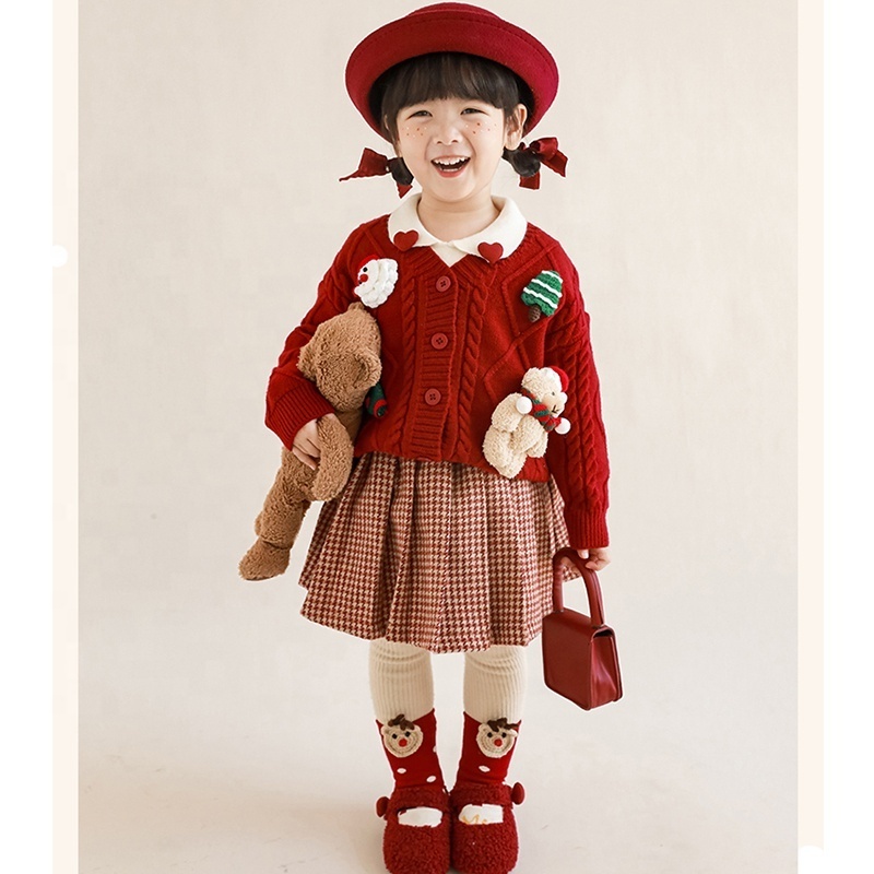 Hot Selling Kids Girls Christmas Knitwear Cardigans 3D Decoration V-neck Knitted Toddler Girls Sweaters Cardigans