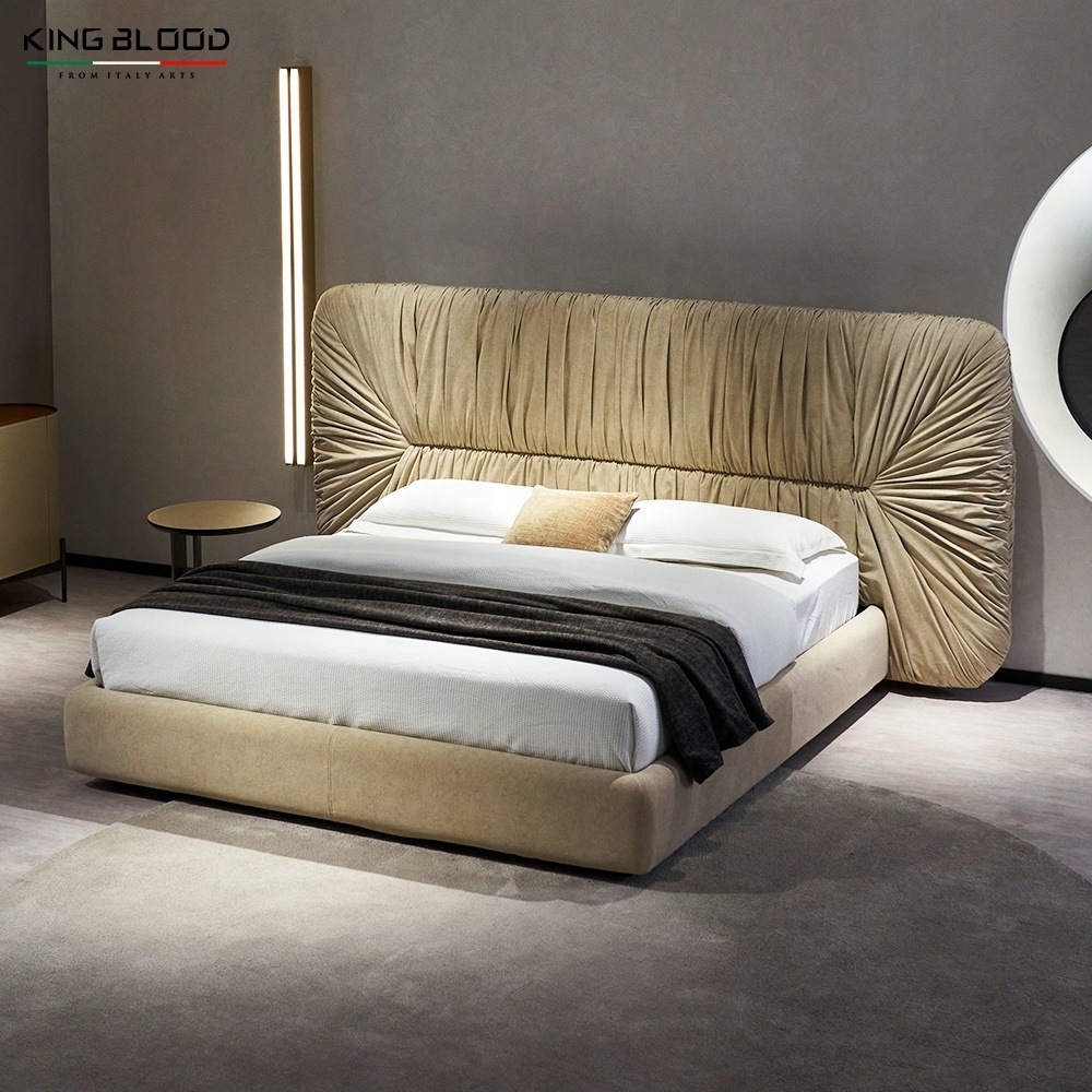 Manufacturer Luxury Italian Design Bedroom Sets Master Bedroom Legless King Size Fabric Leather Bed with High Headboard