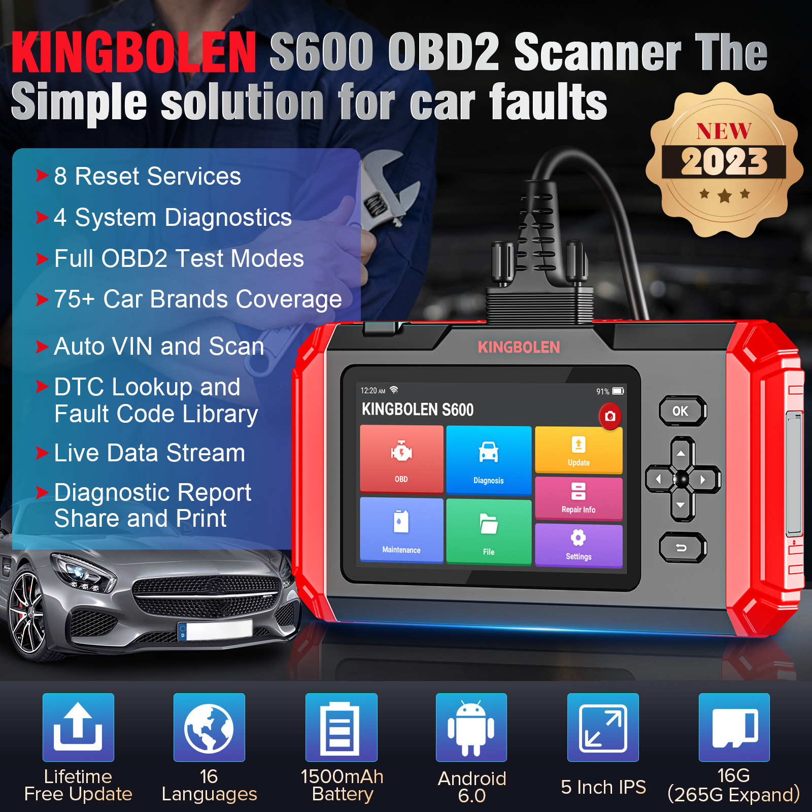 Kingbolen S600 Car Diagnostic Tool ABS SRS ECM TCM 4 Systems Scanner for Most of Car Brands Lifetime Free Update