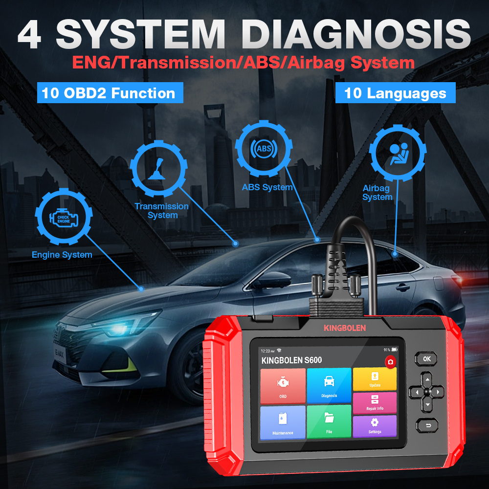 KINGBOLEN S600 4 systems Diagnostic Tools ABS SRS ECM TCM 8 Resets TPMS DPF Brake Resets OBD2 Scanner Lifetime Free Update