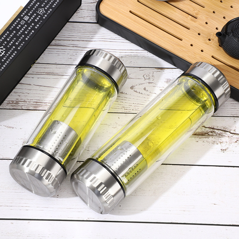 300ML 400ML double wall borosilicate infuser glass water bottle with stainless steel tea filter double head