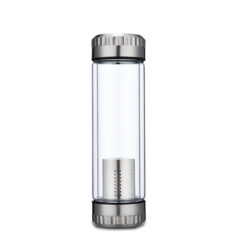 300ML 400ML double wall borosilicate infuser glass water bottle with stainless steel tea filter double head