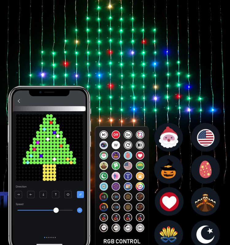 App Control Christmas Smart RGB Pixel Addressable Lights Curtain Indoor DIY Pattern Led Decorative Curtain Lights