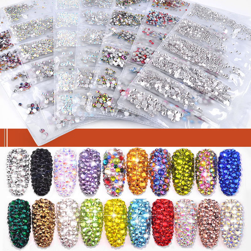 Hotfix Flat Back Crystal Nail Rhinestone Art Multicolor Shiny Mixed Sizes Rhinestone with Adhesive Glue 16 Faceted Round Shape