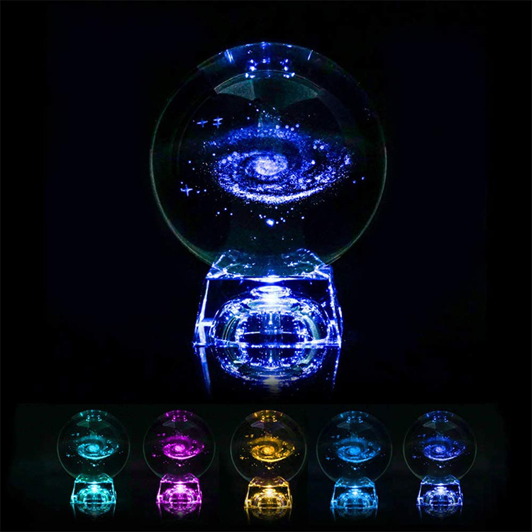 60mm Crystal Solar System Planet Galaxy 3D Laser Engraved Sun System Crystal Ball with LED Light Base