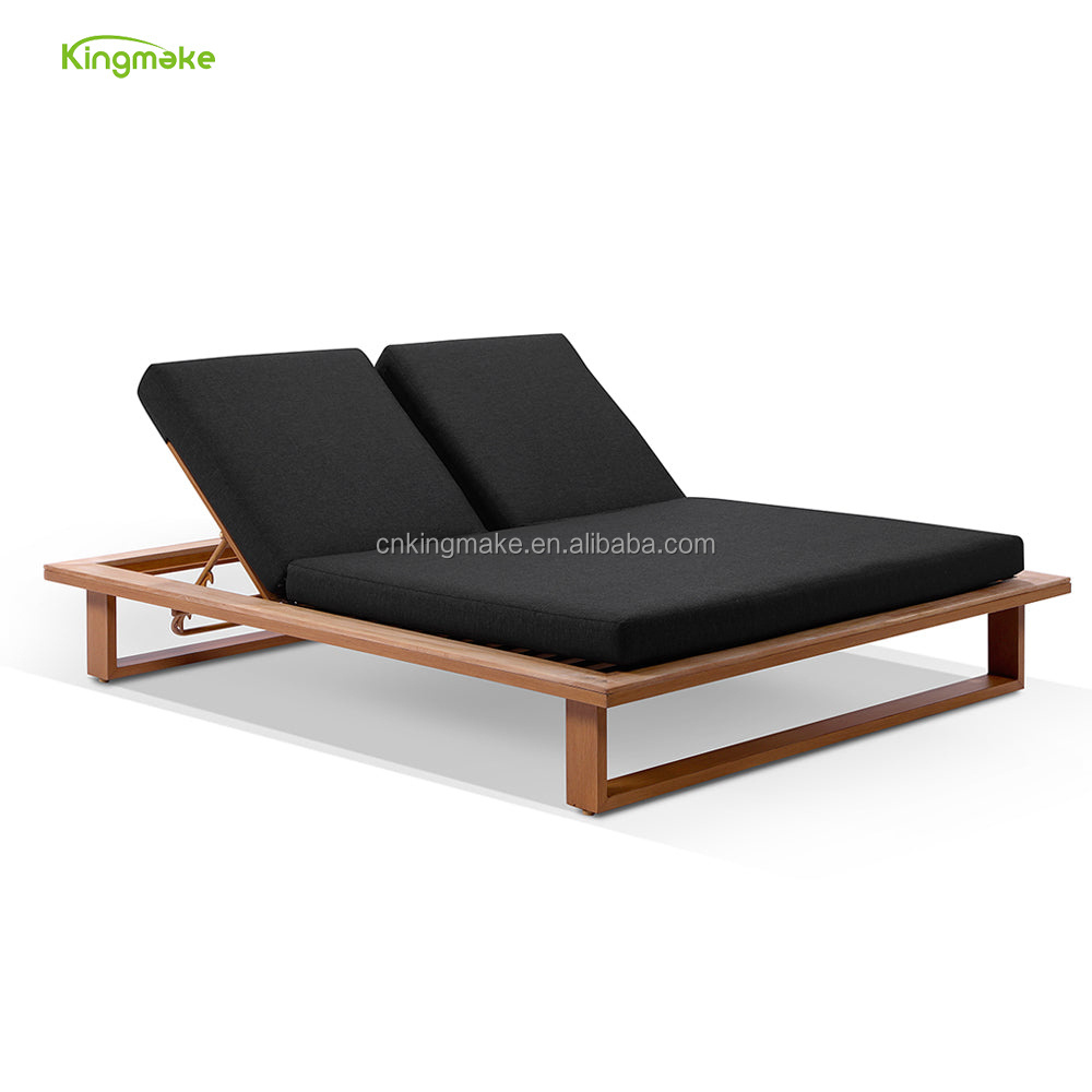 Natural Teak Wood Double Lounger Modern Adjustable Sun Lounger Chair Recliner Outdoor Chaise Lounge Cushion