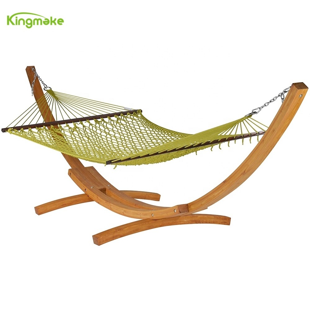 Kingmake High Quality leisure double 2 people rain resistant rope weaving Wood patio swing  hammock bed for Garden hotel villa