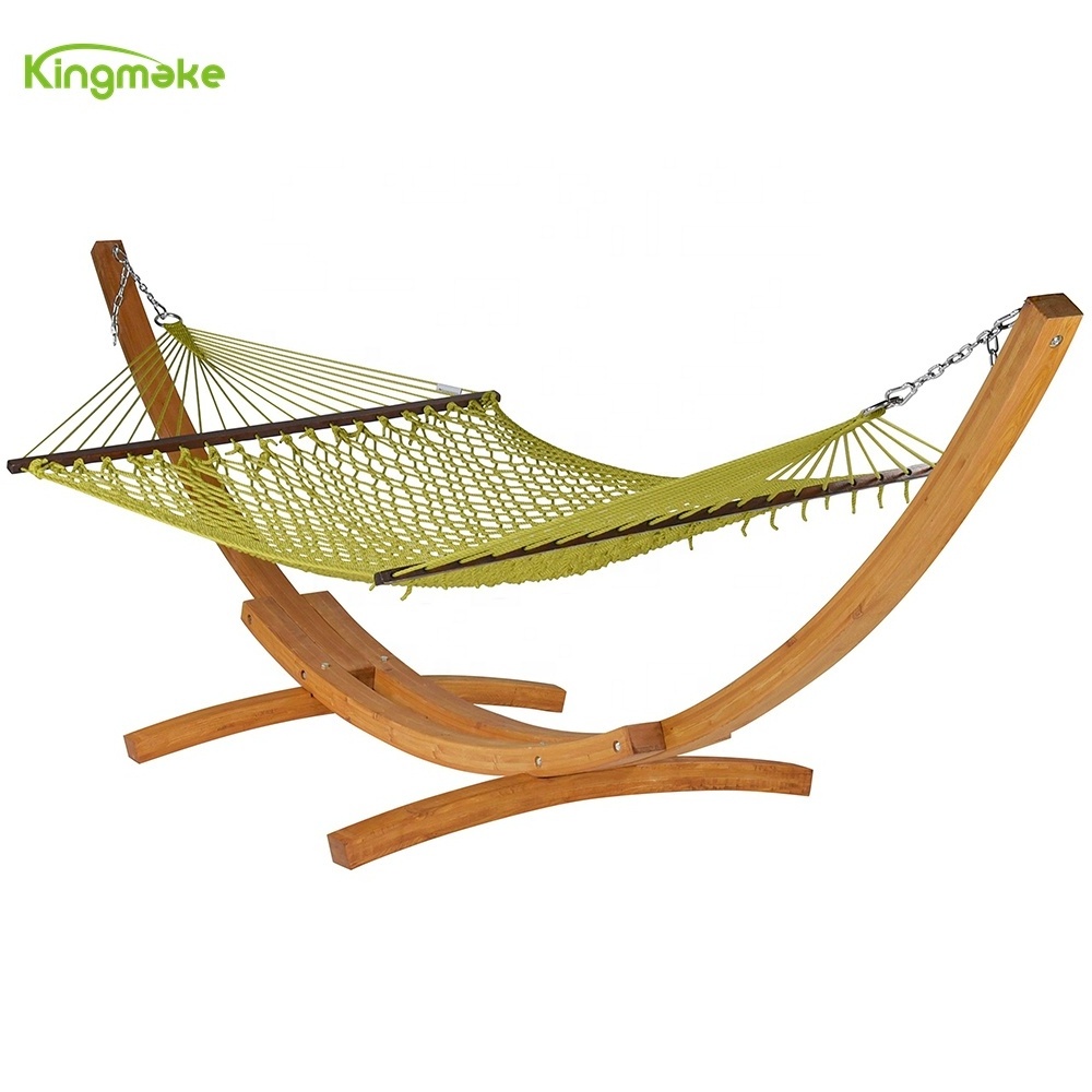 Kingmake High Quality leisure double 2 people rain resistant rope weaving Wood patio swing  hammock bed for Garden hotel villa