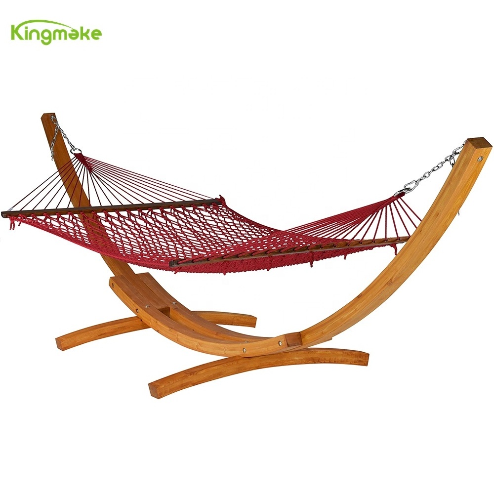 Simple design camping solid wooden curved shape double seater swing potable hammock chair with stand leisure for garden hotel