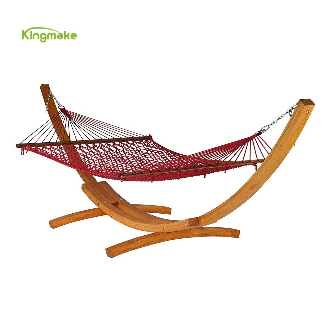 Simple design camping solid wooden curved shape double seater swing potable hammock chair with stand leisure for garden hotel