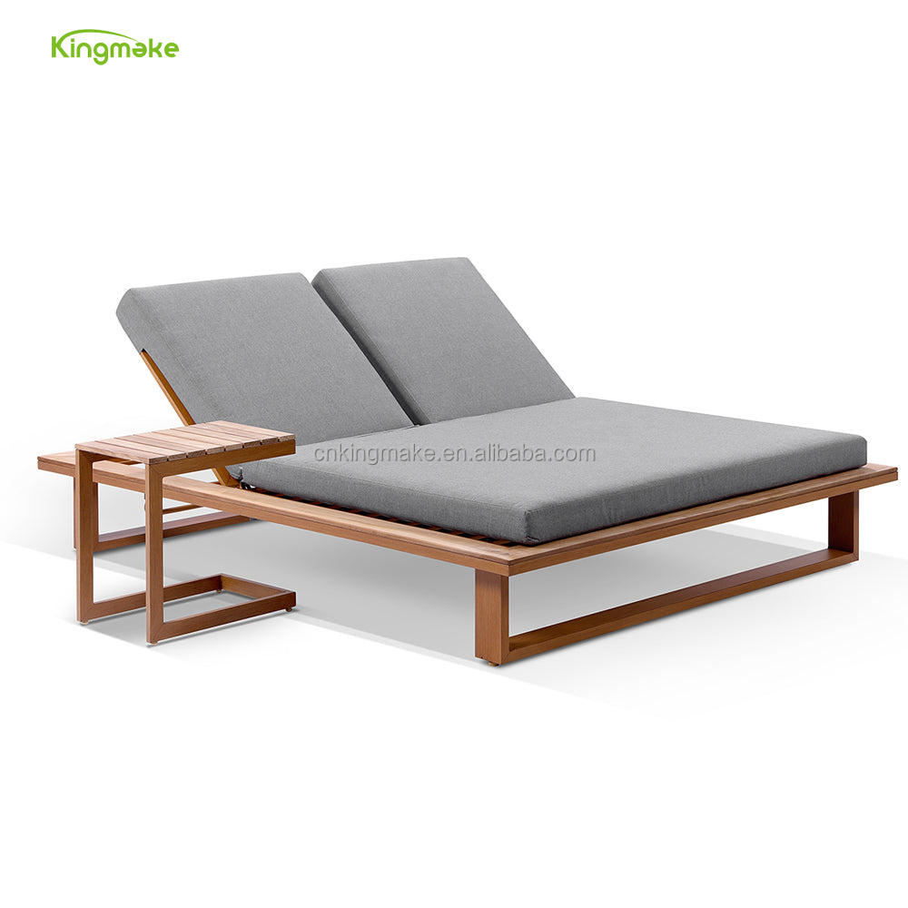 Natural Teak Wood Double sun Lounger Modern Adjustable Sun Lounger Chair Recliner Outdoor Chaise Lounger with 10CM Cushion