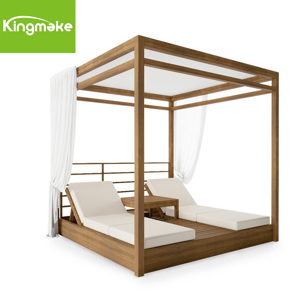 High End Teak wood material Square shape Hotel daybed with Canopy Beach Cabana Outdoor Daybed Teak With Curtain Cushion