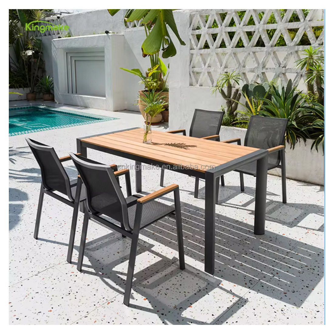 Fast delivery 6 seater outside aluminum dining table and chair set black balcony table set outdoor cafe furniture with low price