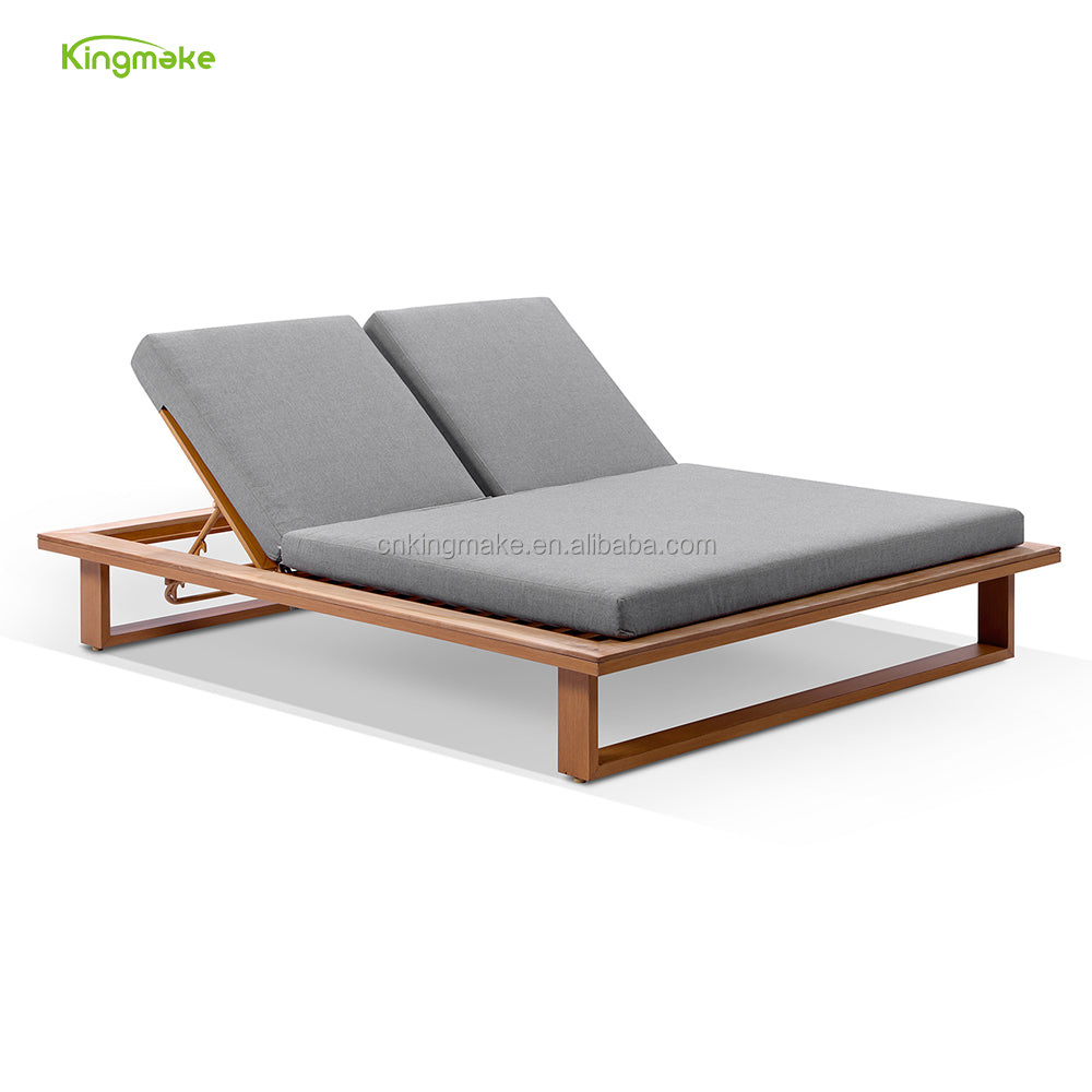 Natural Teak Wood Double sun Lounger Modern Adjustable Sun Lounger Chair Recliner Outdoor Chaise Lounger with 10CM Cushion