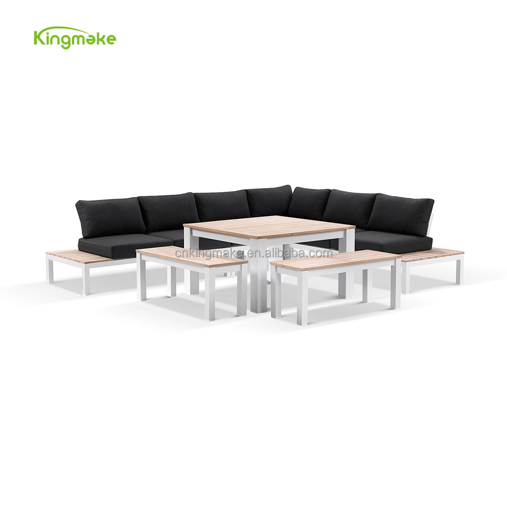 Luxury aluminum garden sofa set teak wood lounge set with dining table and bench outdoor sectional sofa