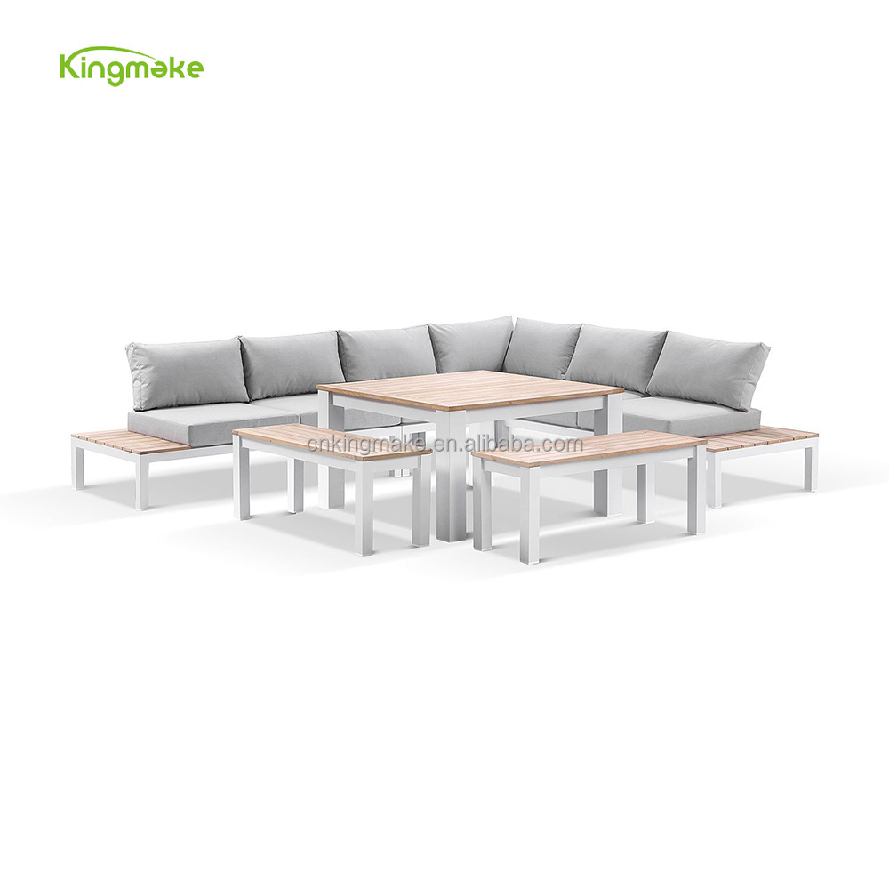 Luxury aluminum garden sofa set teak wood lounge set with dining table and bench outdoor sectional sofa