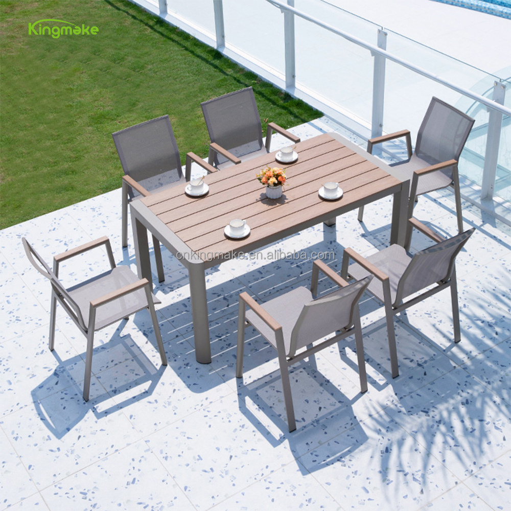 Fast delivery 6 seater outside aluminum dining table and chair set black balcony table set outdoor cafe furniture with low price