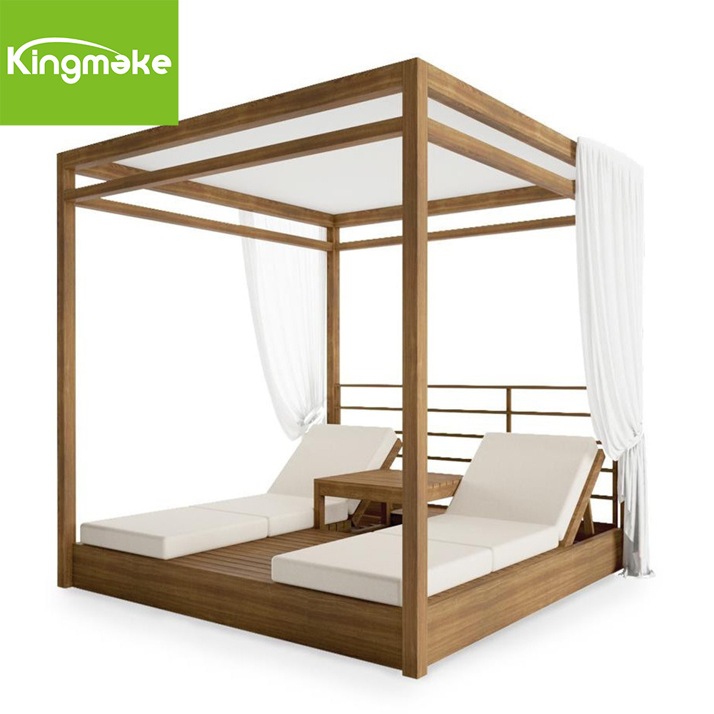 High End Teak wood material Square shape Hotel daybed with Canopy Beach Cabana Outdoor Daybed Teak With Curtain Cushion