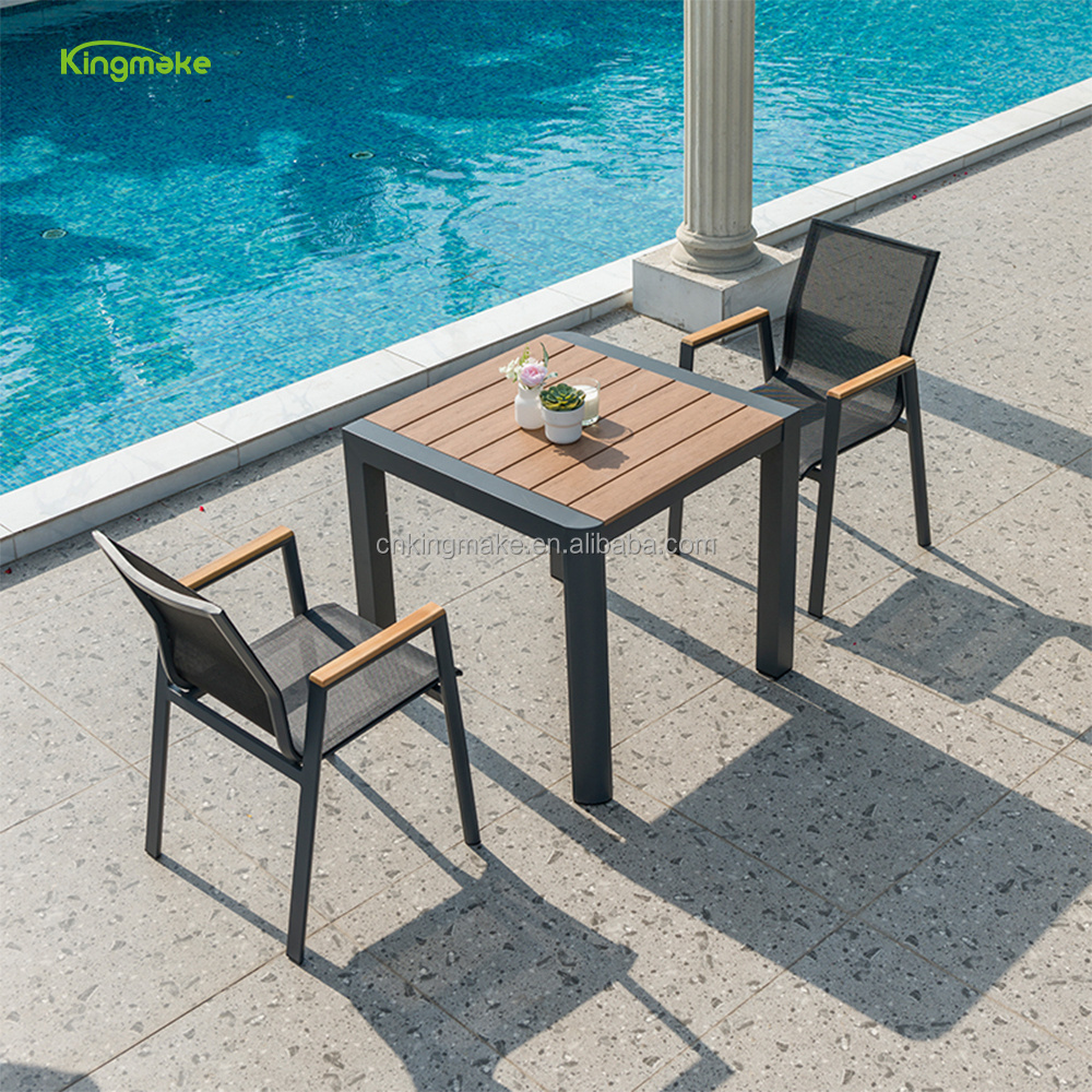 Hot sale 4 seater square bistro table restaurant used plastic wood top dining table and chairs outdoor furniture set for balcony