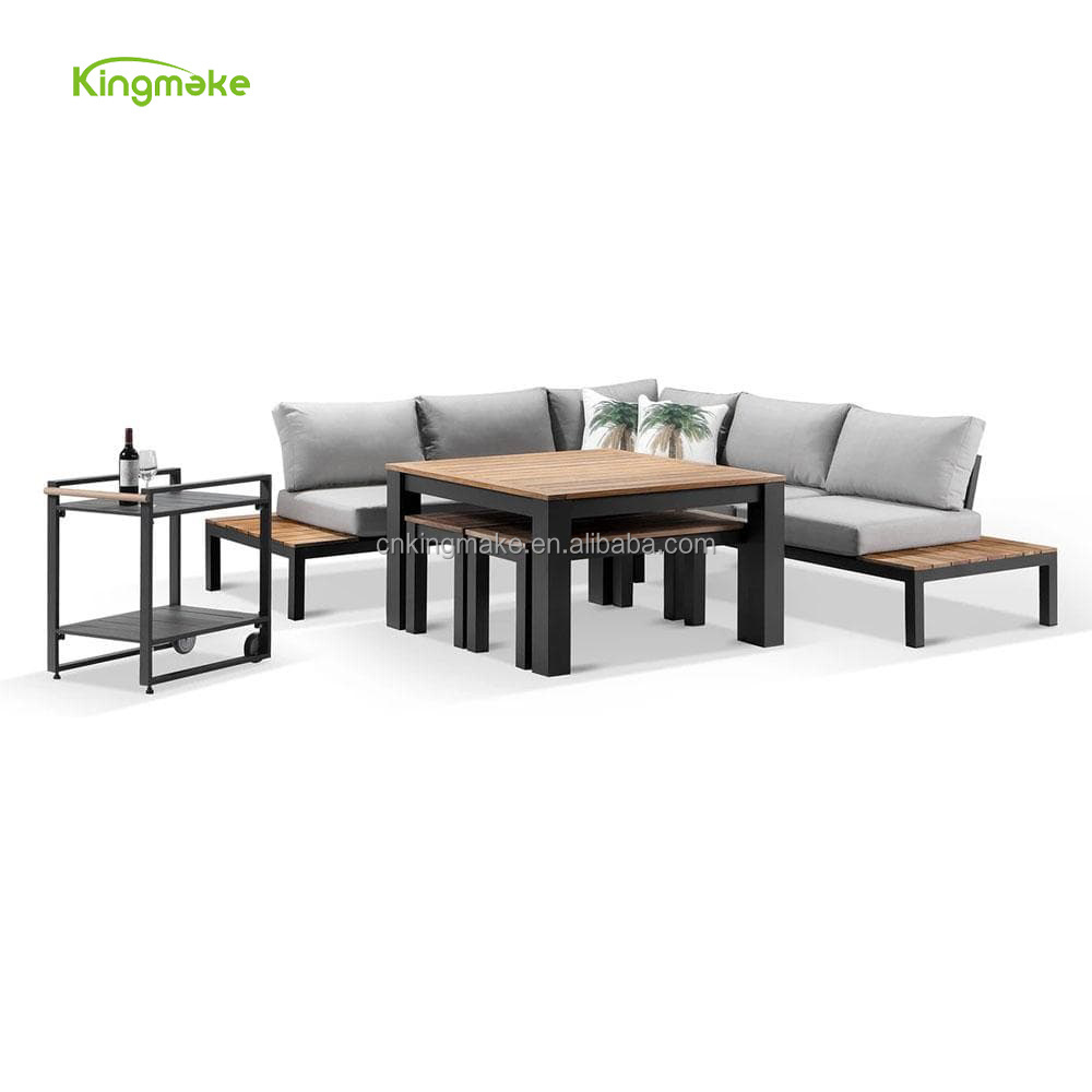 Luxury aluminum garden sofa set teak wood lounge set with dining table and bench outdoor sectional sofa