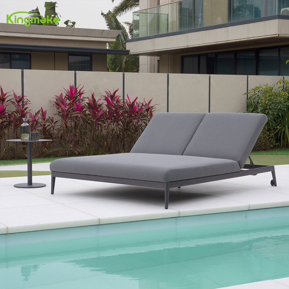 Kingmake Modern Aluminum Poolside Sun Lounger Loveseat Sun Beds With Cushion Double Sunbed For Outdoor