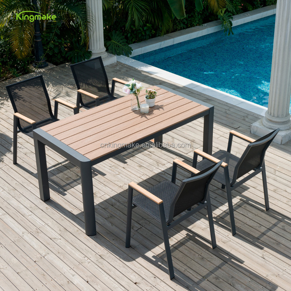 Hot sale 4 seater square bistro table restaurant used plastic wood top dining table and chairs outdoor furniture set for balcony