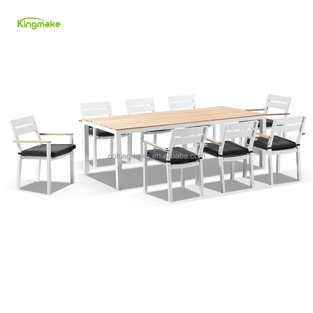 Garden used white color 8 seater dining table and chairs outside table aluminum furniture teak wood top outdoor patio furniture